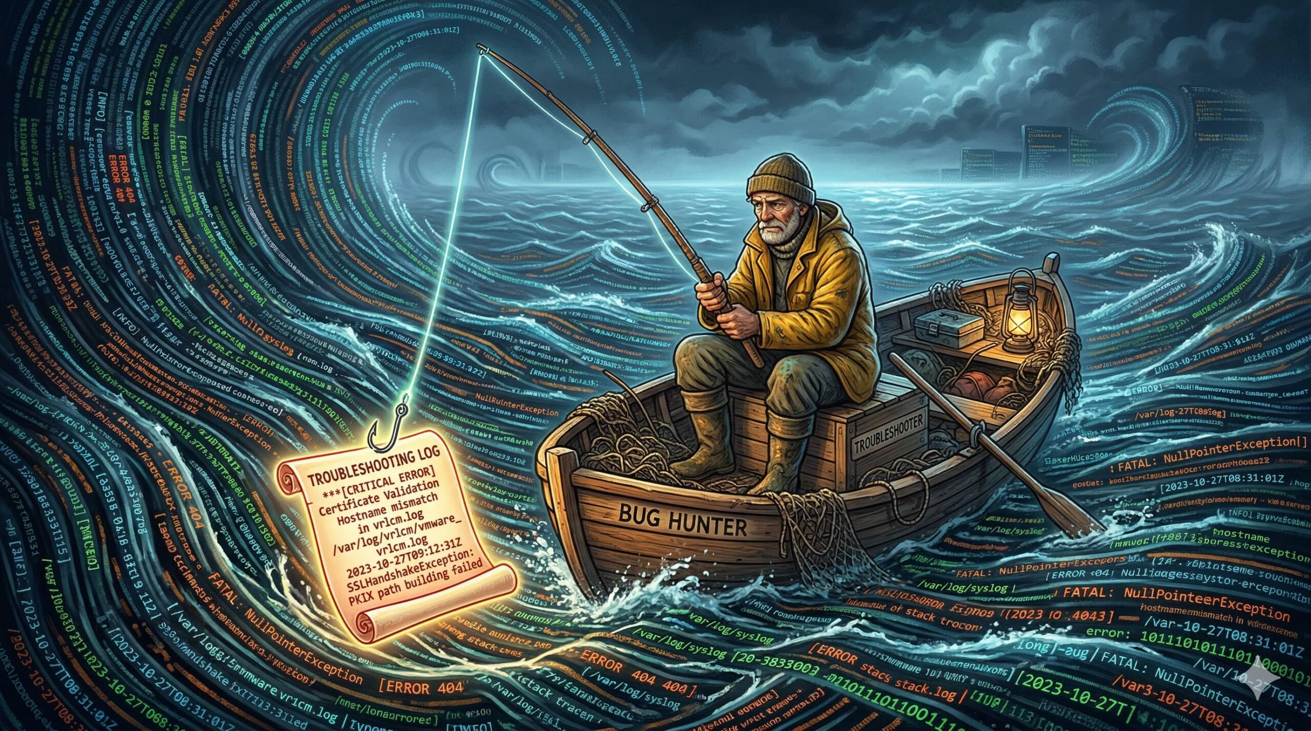 A digital illustration of a weary fisherman in a yellow raincoat sitting in a small wooden boat named "BUG HUNTER." He is fishing in a dark, stormy sea made of glowing green and orange lines of computer logs. His fishing line has hooked a glowing scroll labeled "CRITICAL ERROR" that displays certificate validation and SSL handshake failure messages.