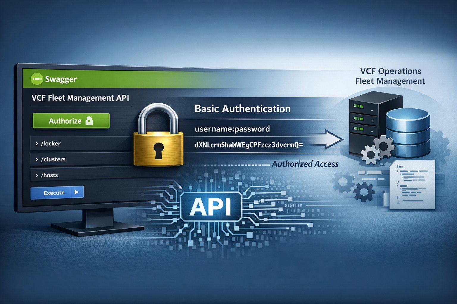 A technical illustration showing Swagger UI authorizing access to the VCF Operations Fleet Management API using Basic Authentication, with a lock icon representing secure access and a backend system processing authorized API requests.