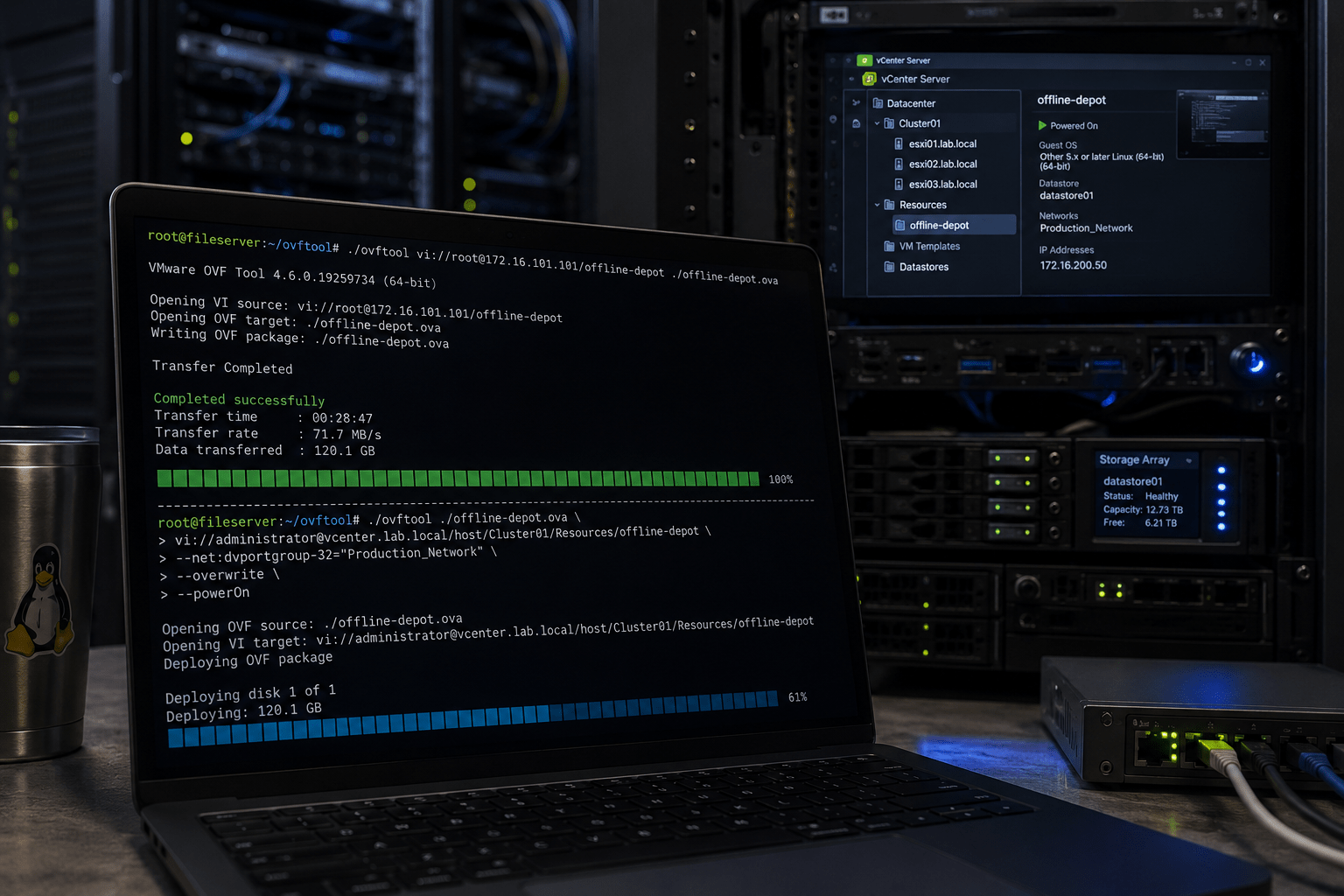 Server room and homelab environment showing a Linux terminal running VMware OVF Tool commands to export and deploy a large OVA file into a vCenter environment, with infrastructure racks, storage systems, and deployment progress visible in the background.